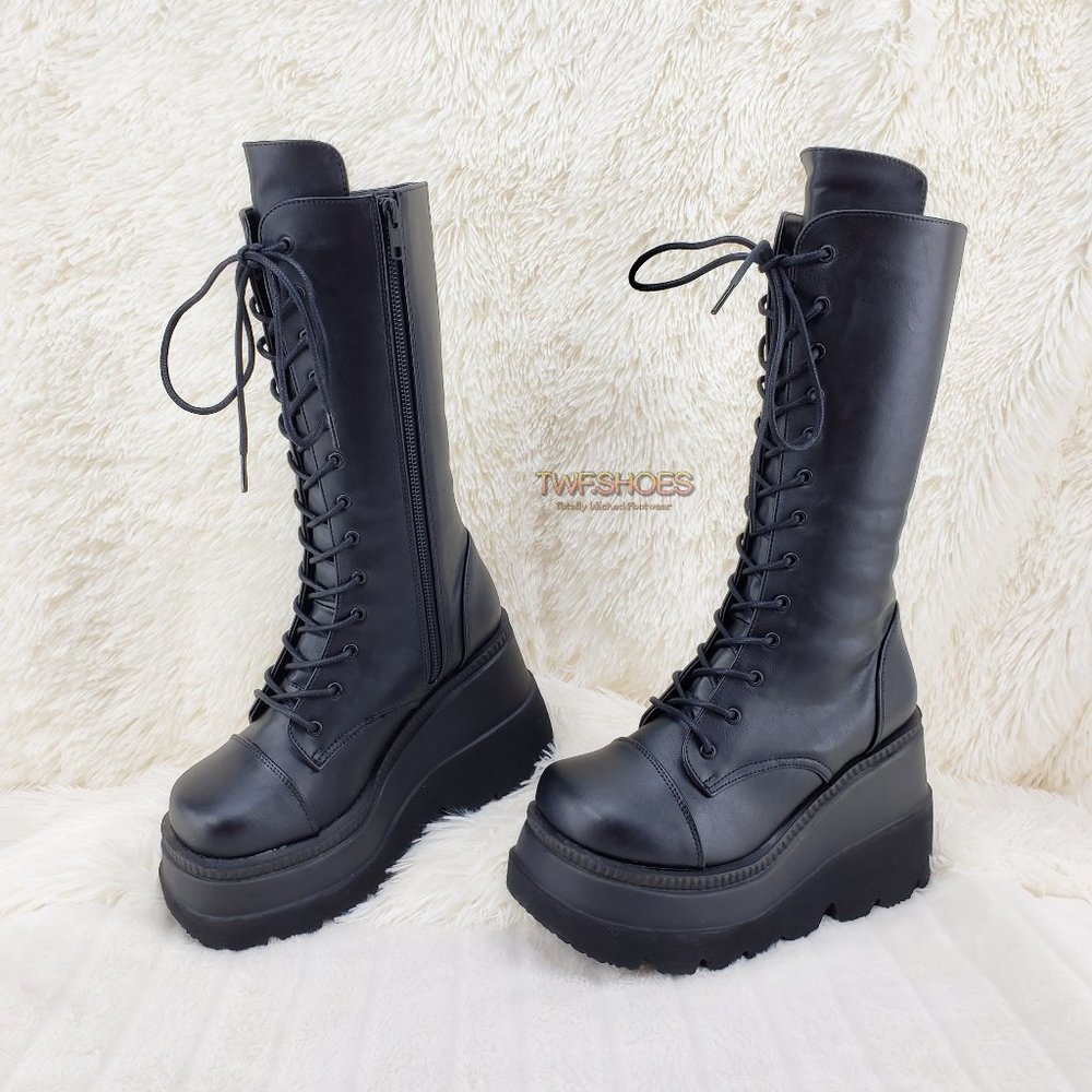 4.5" Wedge Platform Mid Calf Goth Cyber Punk Boot